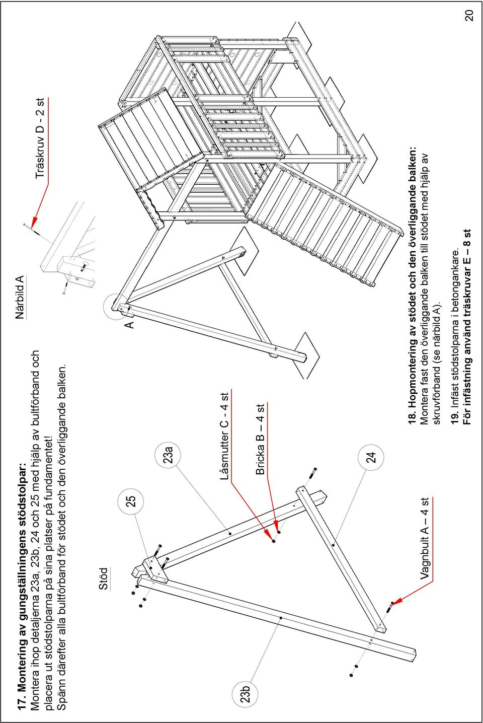 Närbild A Träskruv D - 2 st Stöd Låsmutter C - 4 st Bricka B 4 st Vagnbult A 4 st 18.