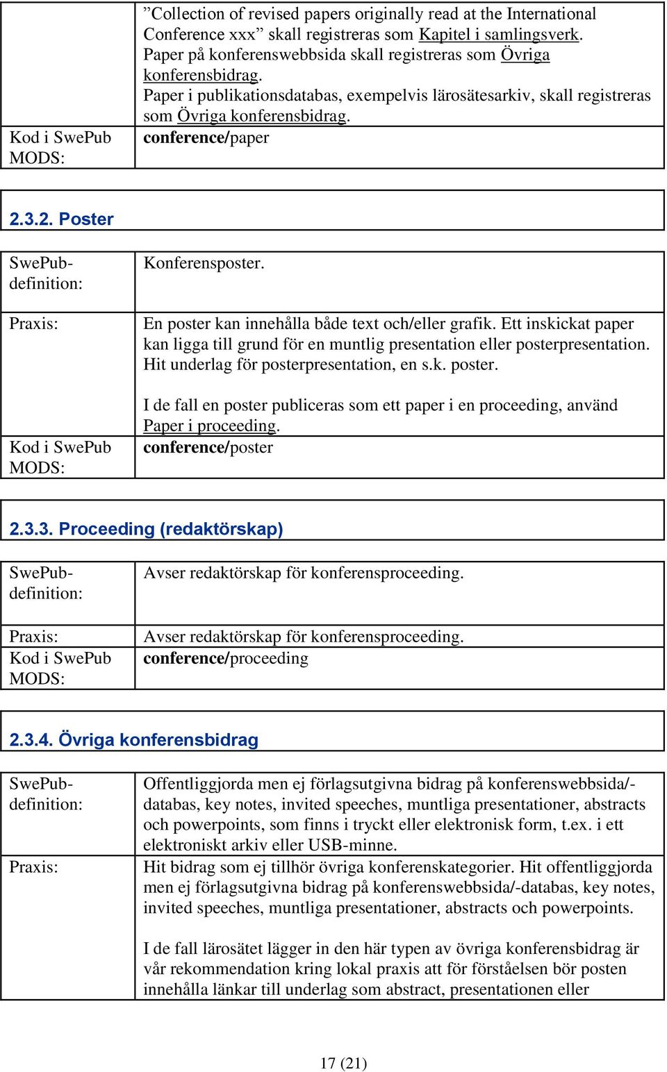 En poster kan innehålla både text och/eller grafik. Ett inskickat paper kan ligga till grund för en muntlig presentation eller posterpresentation. Hit underlag för posterpresentation, en s.k. poster. I de fall en poster publiceras som ett paper i en proceeding, använd Paper i proceeding.