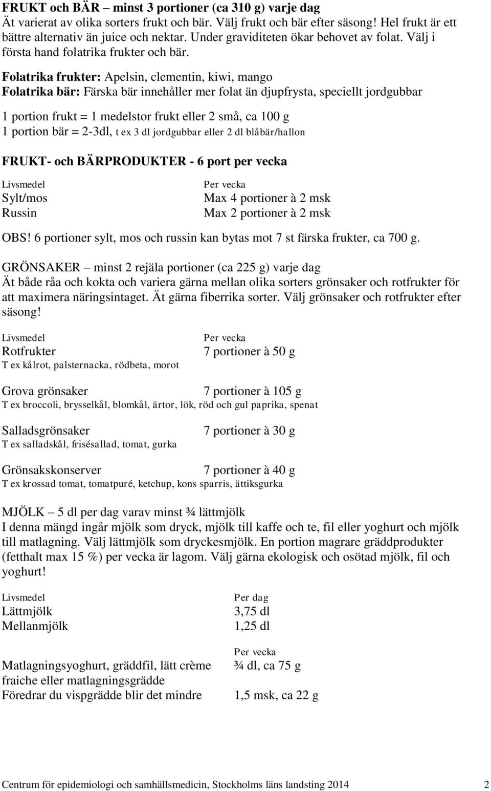 Folatrika frukter: Apelsin, clementin, kiwi, mango Folatrika bär: Färska bär innehåller mer folat än djupfrysta, speciellt jordgubbar 1 portion frukt = 1 medelstor frukt eller 2 små, ca 100 g 1