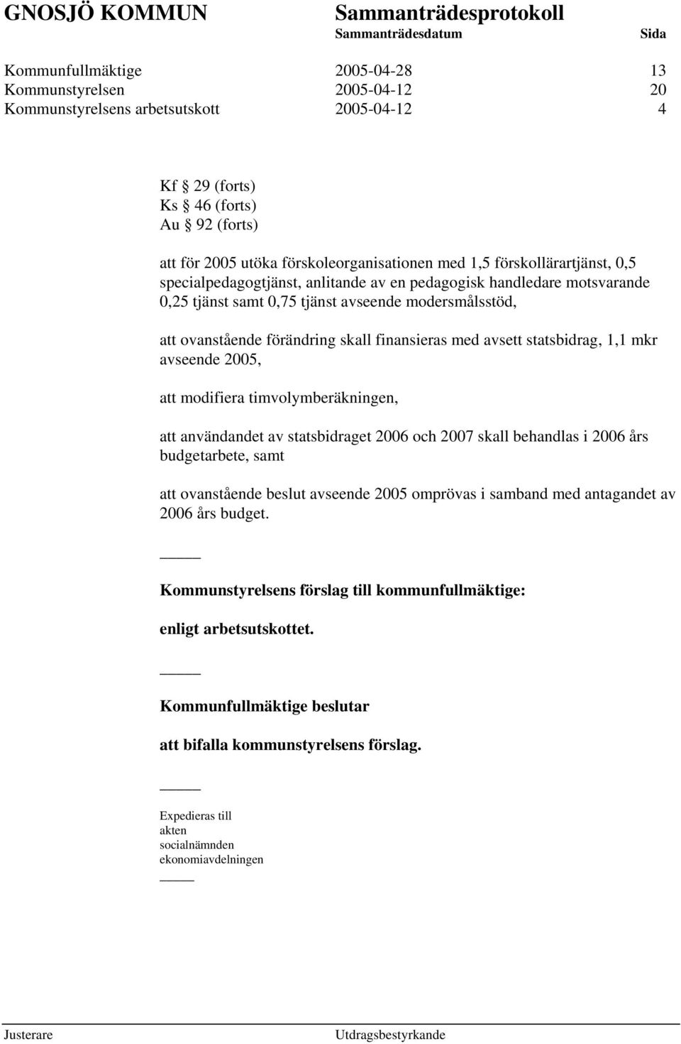 avsett statsbidrag, 1,1 mkr avseende 2005, att modifiera timvolymberäkningen, att användandet av statsbidraget 2006 och 2007 skall behandlas i 2006 års budgetarbete, samt att ovanstående beslut