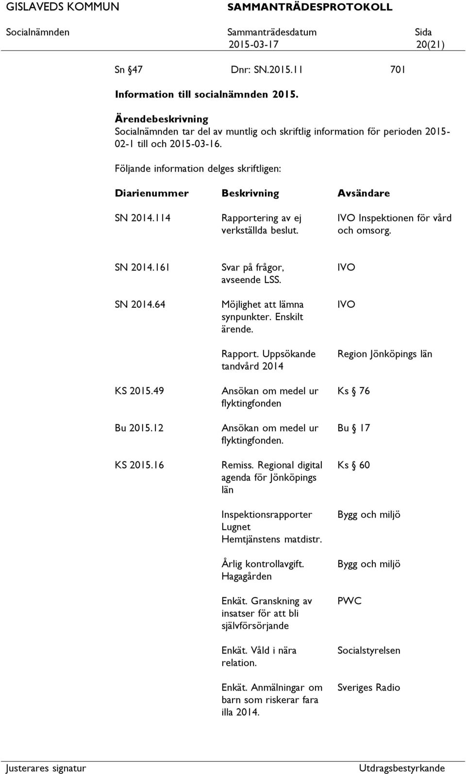 49 Bu 2015.12 KS 2015.16 Svar på frågor, avseende LSS. Möjlighet lämna synpunkter. Enskilt ärende. Rapport.