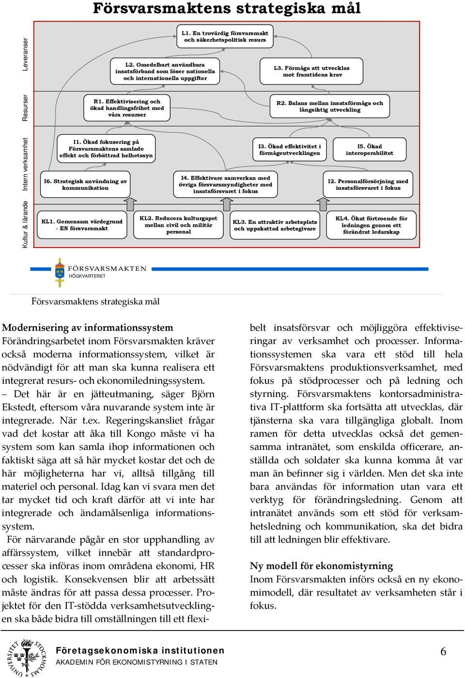 Ökad fokusering på Försvarsmaktens samlade effekt och förbättrad helhetssyn I6. Strategisk användning av kommunikation I4.