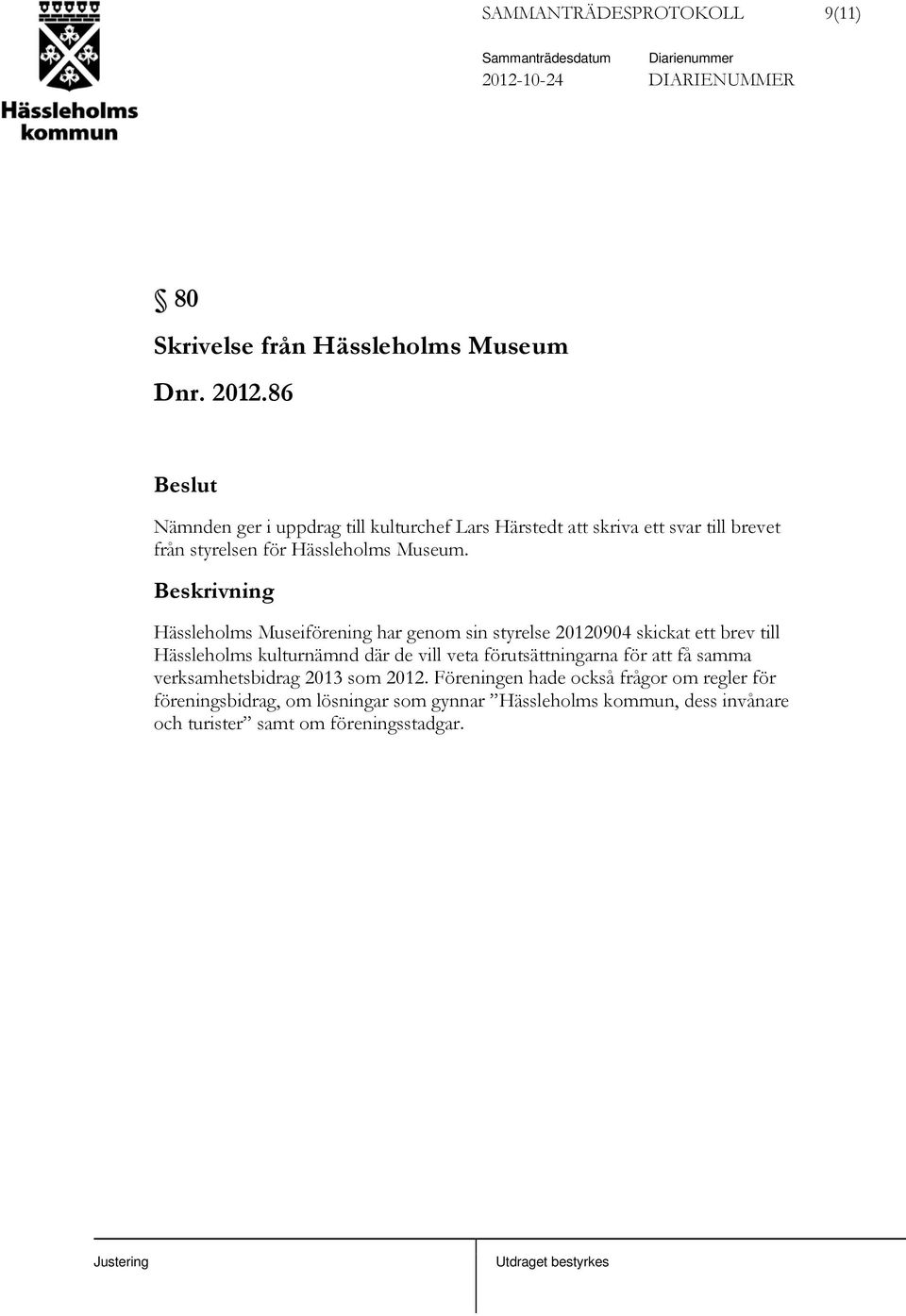Beskrivning Hässleholms Museiförening har genom sin styrelse 20120904 skickat ett brev till Hässleholms kulturnämnd där de vill veta
