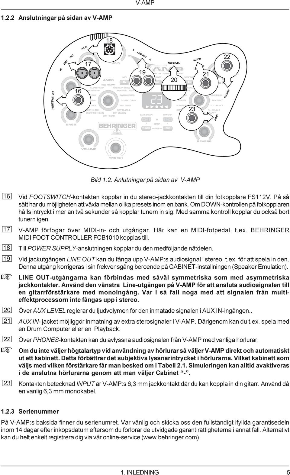 Med samma kontroll kopplar du också bort tunern igen. 17 V-AMP förfogar över MIDI-in- och utgångar. Här kan en MIDI-fotpedal, t.ex. BEHRINGER MIDI FOOT CONTROLLER FCB1010 kopplas till.