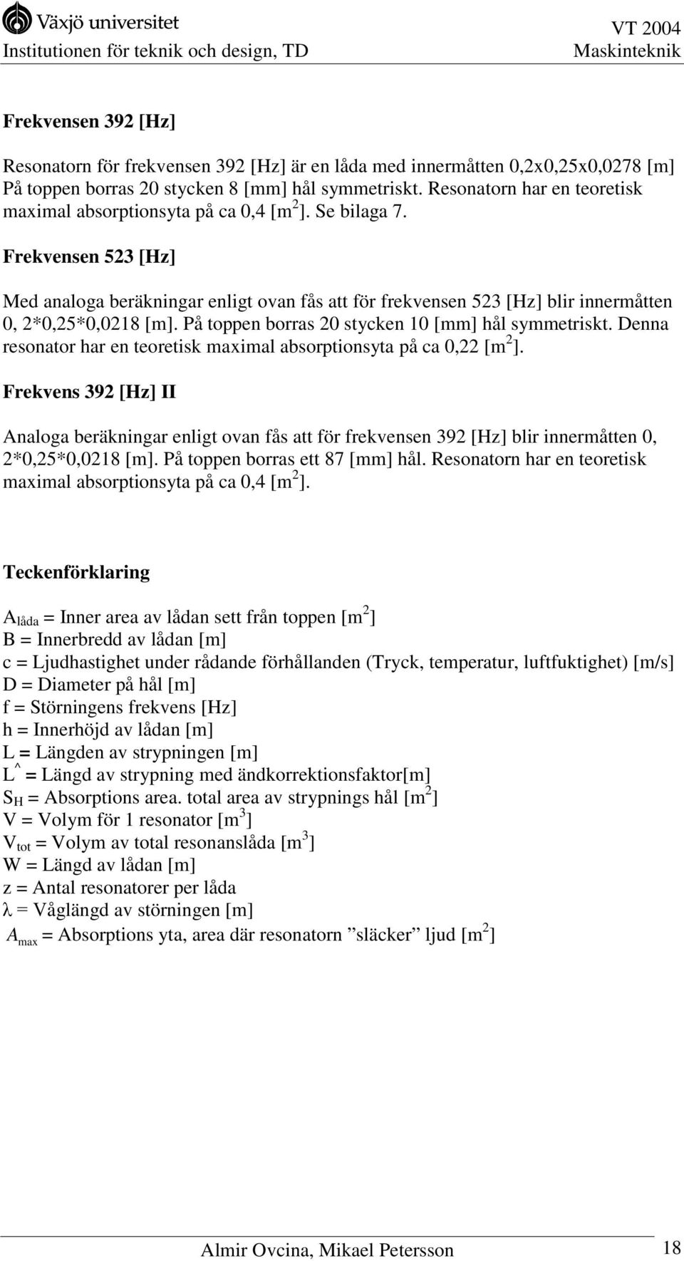 Frekvensen 53 [Hz] Med analoga beräkningar enligt ovan fås att för frekvensen 53 [Hz] blir innermåtten 0, *0,5*0,018 [m]. På toppen borras 0 stycken 10 [mm] hål symmetriskt.
