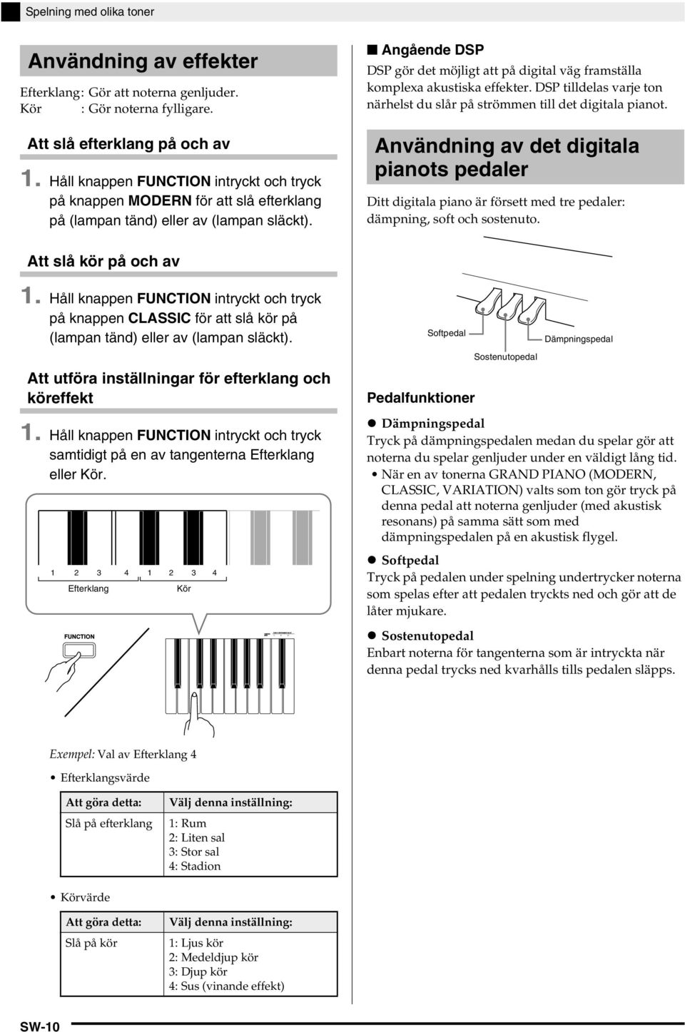 Angående DSP DSP gör det möjligt att på digital väg framställa komplexa akustiska effekter. DSP tilldelas varje ton närhelst du slår på strömmen till det digitala pianot.