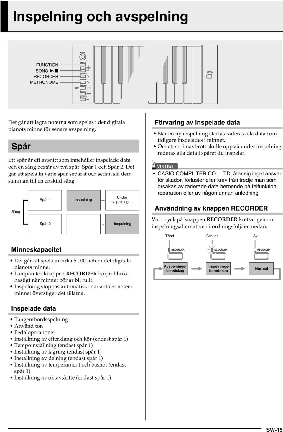 Sång Spår 1 Spår 2 Inspelning Under avspelning... Inspelning Förvaring av inspelade data När en ny inspelning startas raderas alla data som tidigare inspelades i minnet.