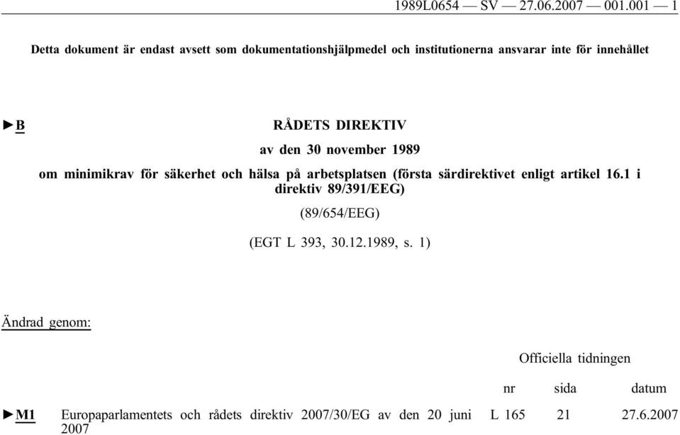 RÅDETS DIREKTIV av den 30 november 1989 om minimikrav för säkerhet och hälsa på arbetsplatsen (första särdirektivet