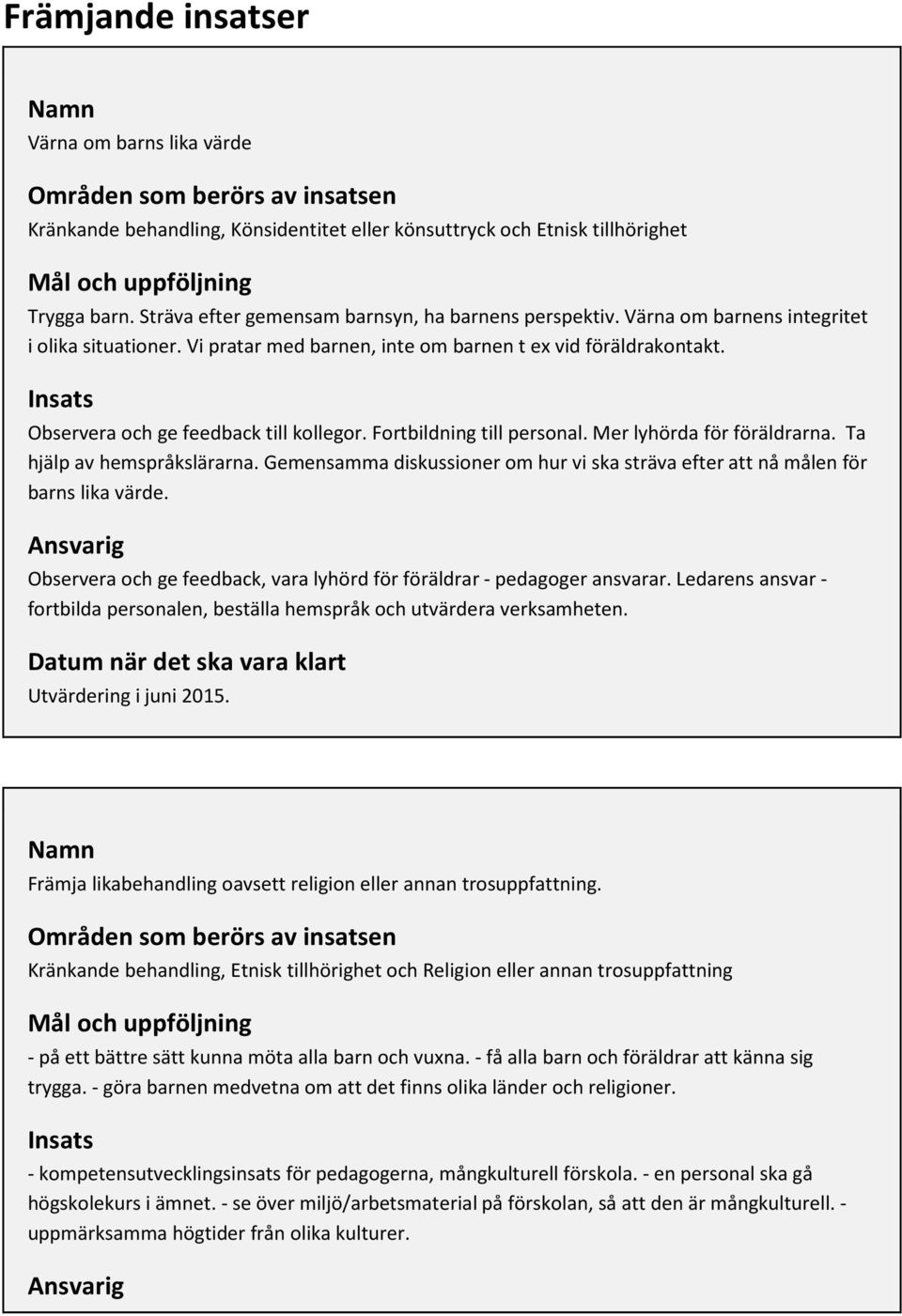 Insats Observera och ge feedback till kollegor. Fortbildning till personal. Mer lyhörda för föräldrarna. Ta hjälp av hemspråkslärarna.