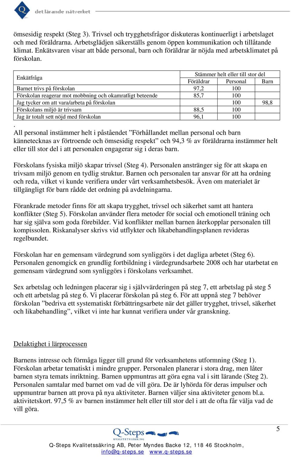 Enkätfråga Stämmer helt eller till stor del Föräldrar Personal Barn Barnet trivs på förskolan 97,2 100 Förskolan reagerar mot mobbning och okamratligt beteende 85,7 100 Jag tycker om att vara/arbeta