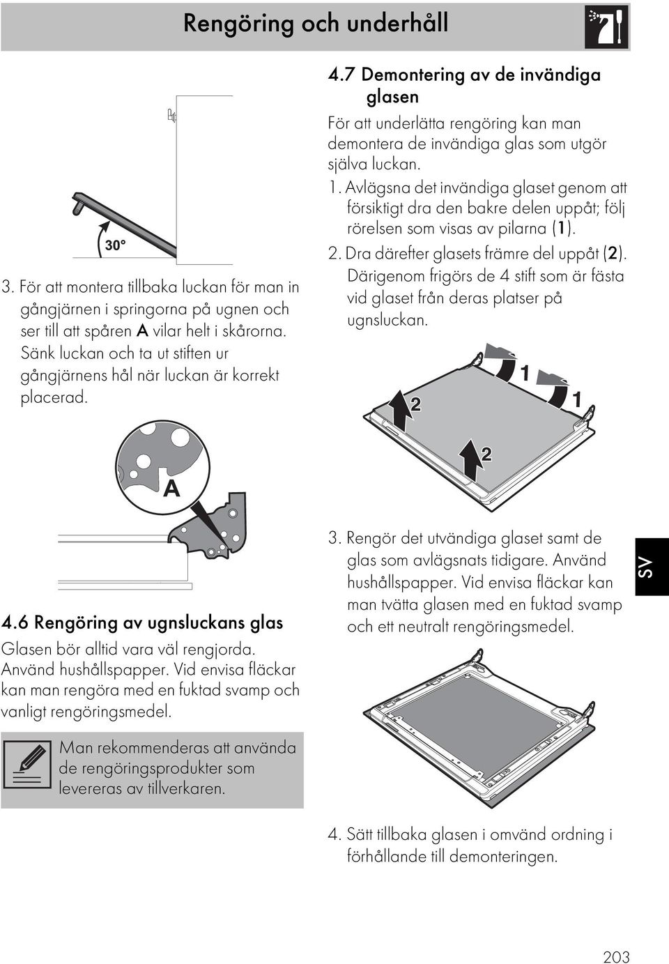 7 Demontering av de invändiga glasen För att underlätta rengöring kan man demontera de invändiga glas som utgör själva luckan. 1.