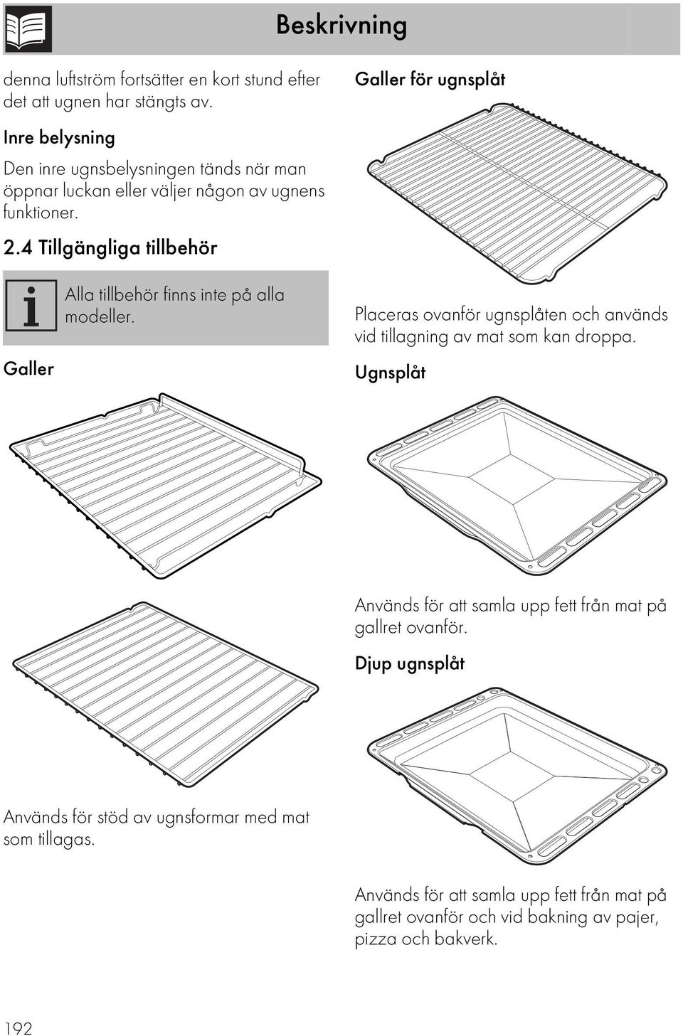 4 Tillgängliga tillbehör Galler Alla tillbehör finns inte på alla modeller. Placeras ovanför ugnsplåten och används vid tillagning av mat som kan droppa.