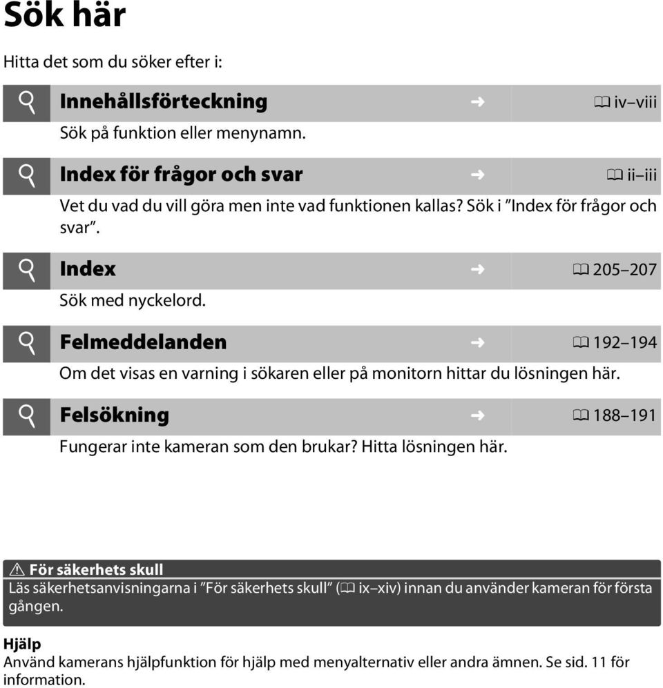 i Felmeddelanden 0 192 194 Om det visas en varning i sökaren eller på monitorn hittar du lösningen här. i Felsökning 0 188 191 Fungerar inte kameran som den brukar?