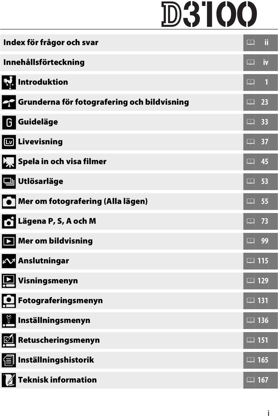 lägen) 0 55 t Lägena P, S, A och M 0 73 I Mer om bildvisning 0 99 Q Anslutningar 0 115 o Visningsmenyn 0 129 i
