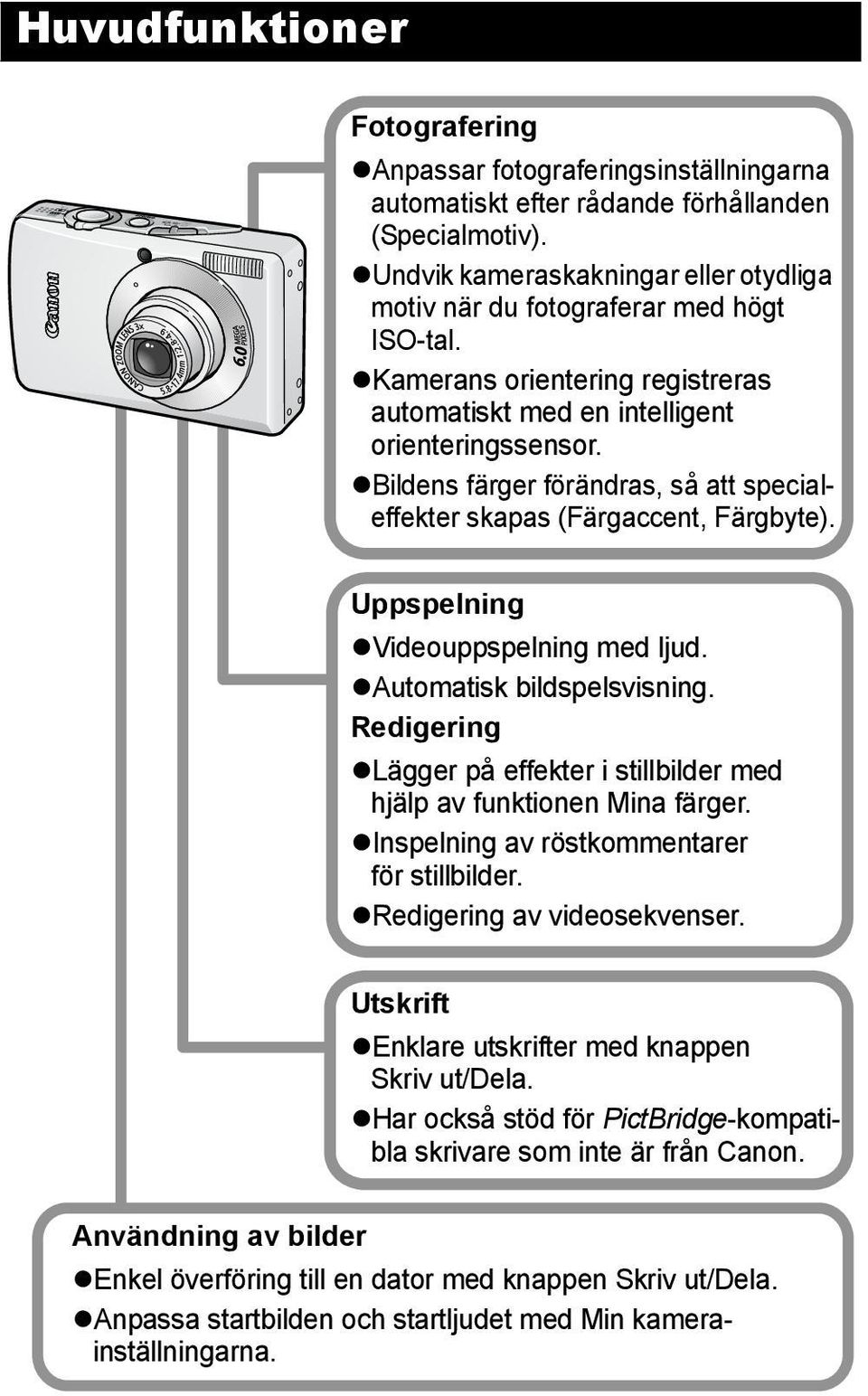 Bildens färger förändras, så att specialeffekter skapas (Färgaccent, Färgbyte). Uppspelning Videouppspelning med ljud. Automatisk bildspelsvisning.