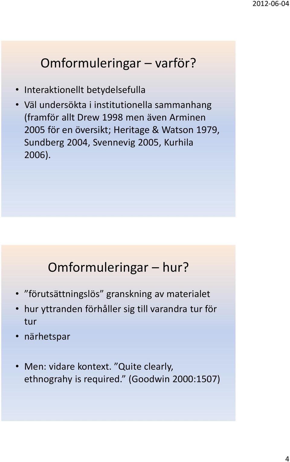 Arminen 2005 för en översikt; Heritage & Watson 1979, Sundberg 2004, Svennevig 2005, Kurhila 2006).