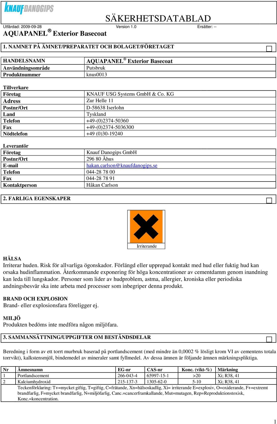 Åhus E-mail hakan.carlson@knaufdanogips.se Telefon 044-28 78 00 Fax 044-28 78 91 Kontaktperson Håkan Carlson 2. FARLIGA EGENSKAPER Irriterande HÄLSA Irriterar huden. Risk för allvarliga ögonskador.