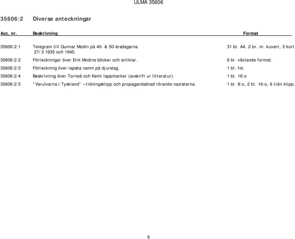 35606:2:3 Förteckning över lapska namn på djurslag. 1 bl. fol.