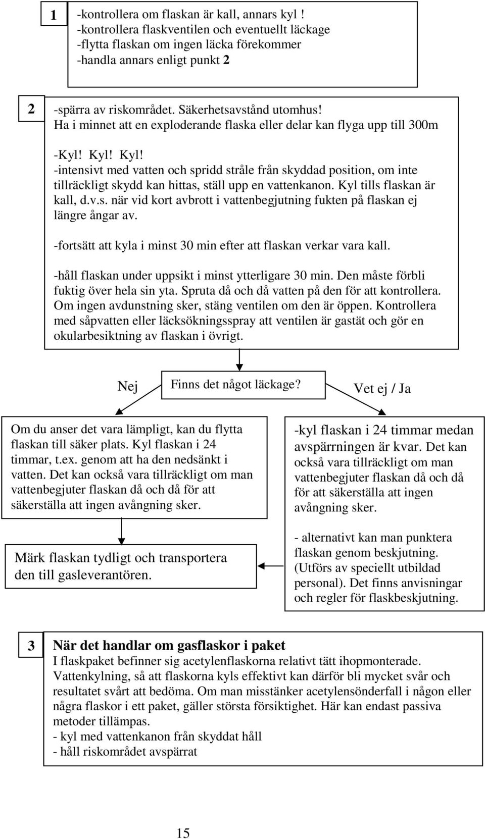 Kyl! -intensivt med vatten och spridd stråle från skyddad position, om inte tillräckligt skydd kan hittas, ställ upp en vattenkanon. Kyl tills flaskan är kall, d.v.s. när vid kort avbrott i vattenbegjutning fukten på flaskan ej längre ångar av.