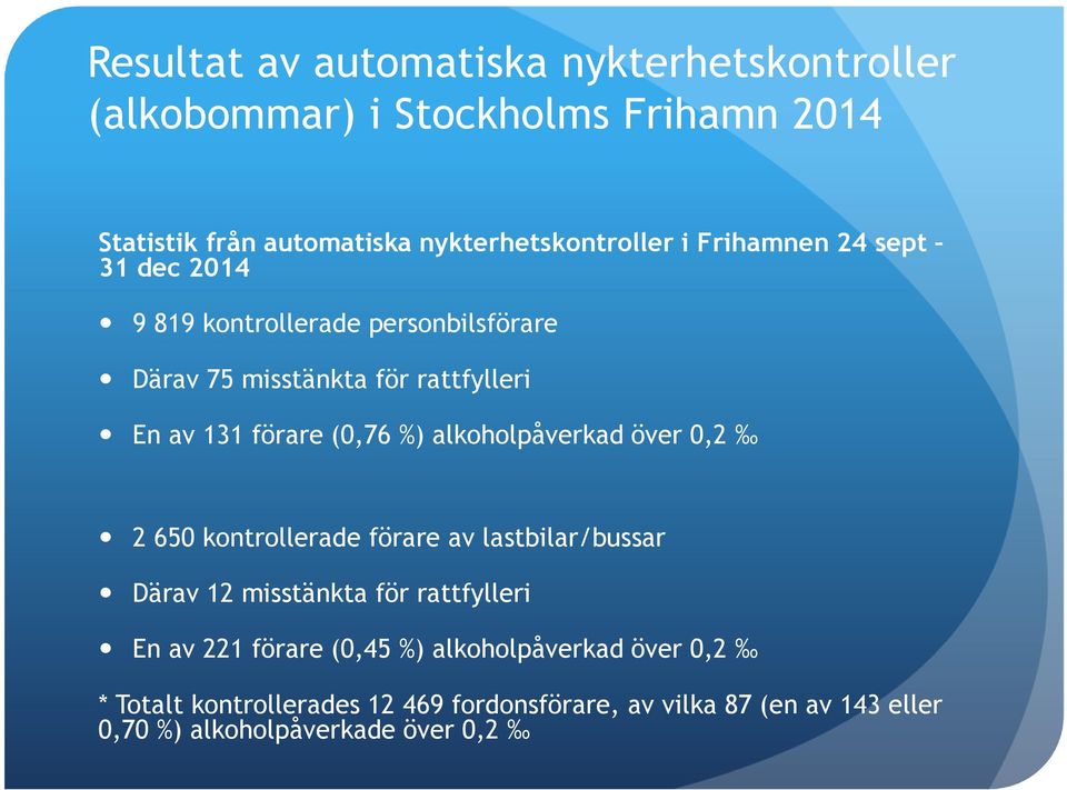 alkoholpåverkad över 0,2 2 650 kontrollerade förare av lastbilar/bussar Därav 12 misstänkta för rattfylleri En av 221 förare (0,45