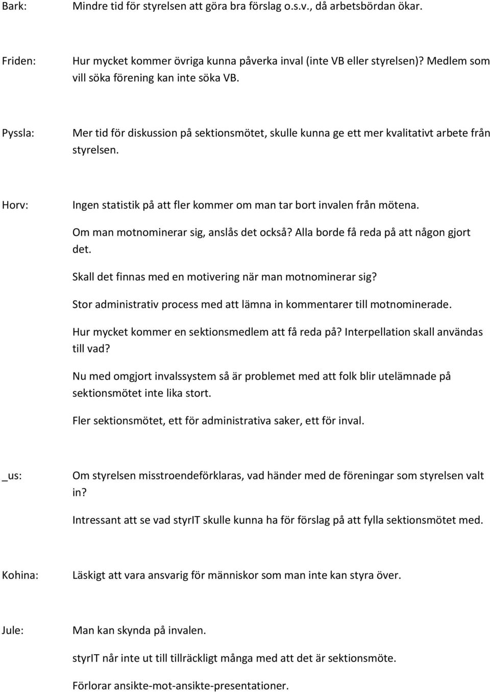 Horv: Ingen statistik på att fler kommer om man tar bort invalen från mötena. Om man motnominerar sig, anslås det också? Alla borde få reda på att någon gjort det.