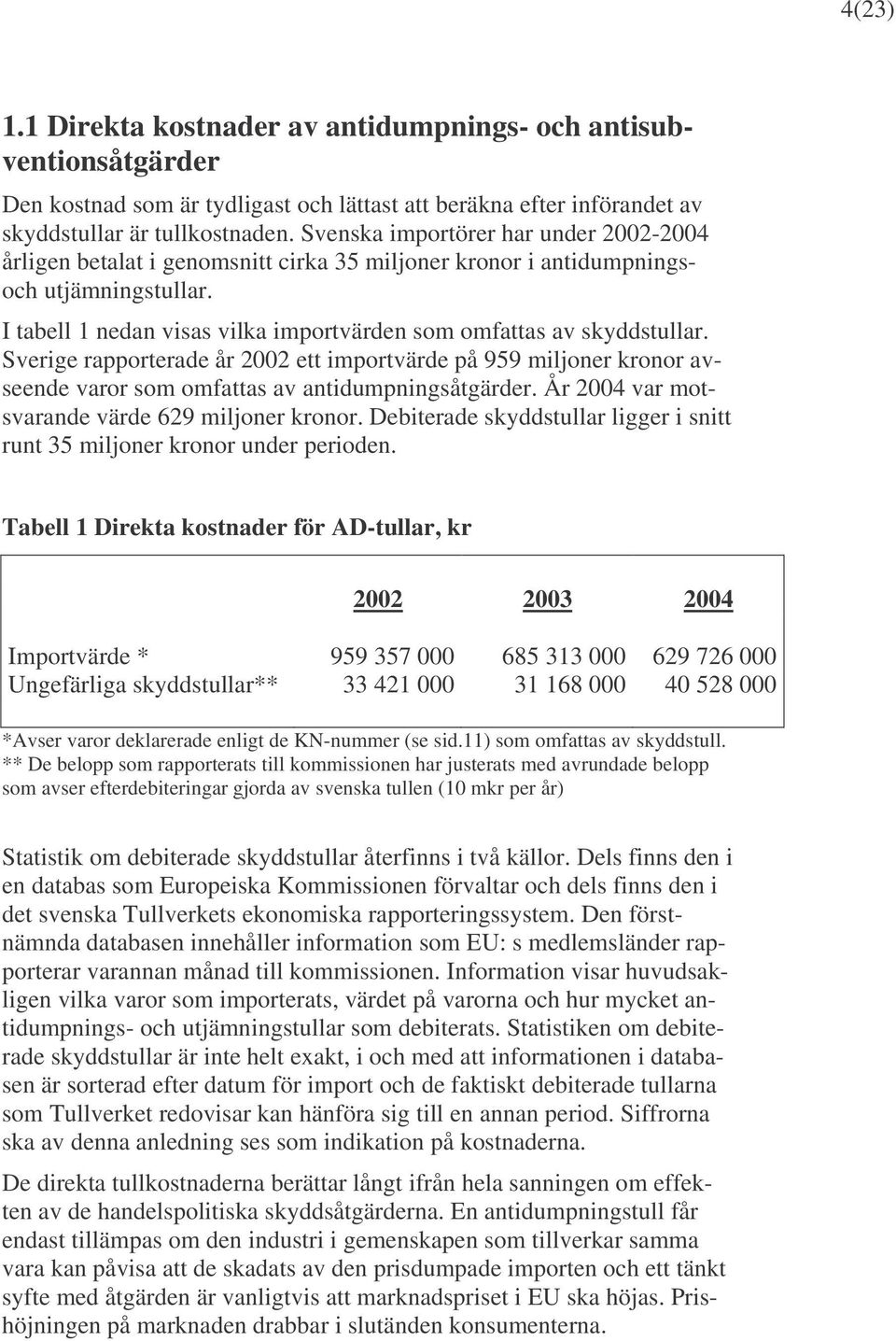 I tabell 1 nedan visas vilka importvärden som omfattas av skyddstullar. Sverige rapporterade år 2002 ett importvärde på 959 miljoner kronor avseende varor som omfattas av antidumpningsåtgärder.