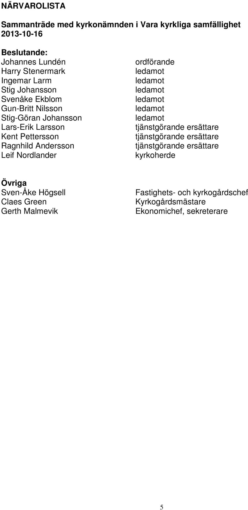 Larsson Kent Pettersson Ragnhild Andersson Leif Nordlander ordförande kyrkoherde Övriga Sven-Åke