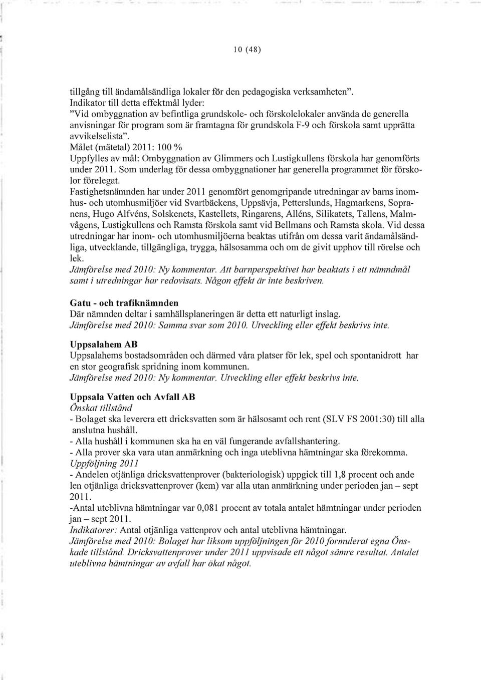 samt upprätta avvikelselista". Målet (mätetal) 2011: 100 % Uppfylles av mål: Ombyggnation av Glimmers och Lustigkullens förskola har genomförts under 2011.