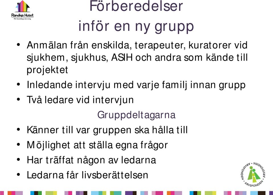 familj innan grupp Två ledare vid intervjun Gruppdeltagarna Känner till var gruppen ska