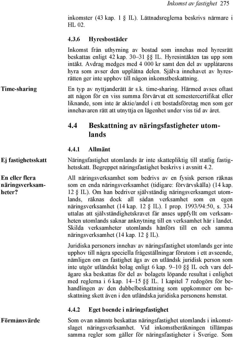 Själva innehavet av hyresrätten ger inte upphov till någon inkomstbeskattning. En typ av nyttjanderätt är s.k. time-sharing.