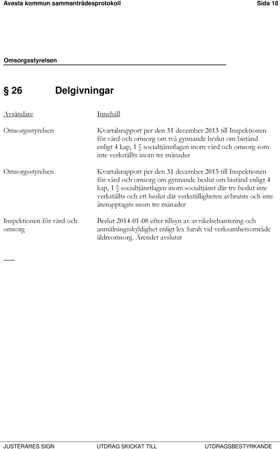 december 2013 till Inspektionen för vård och omsorg om gynnande beslut om bistånd enligt 4 kap, 1 socialtjänstlagen inom socialtjänst där tre beslut inte verkställts och ett beslut där