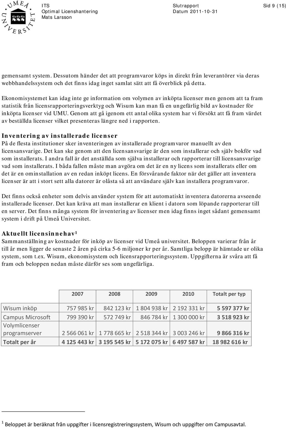 inköpta licenser vid UMU. Genom att gå igenom ett antal olika system har vi försökt att få fram värdet av beställda licenser vilket presenteras längre ned i rapporten.