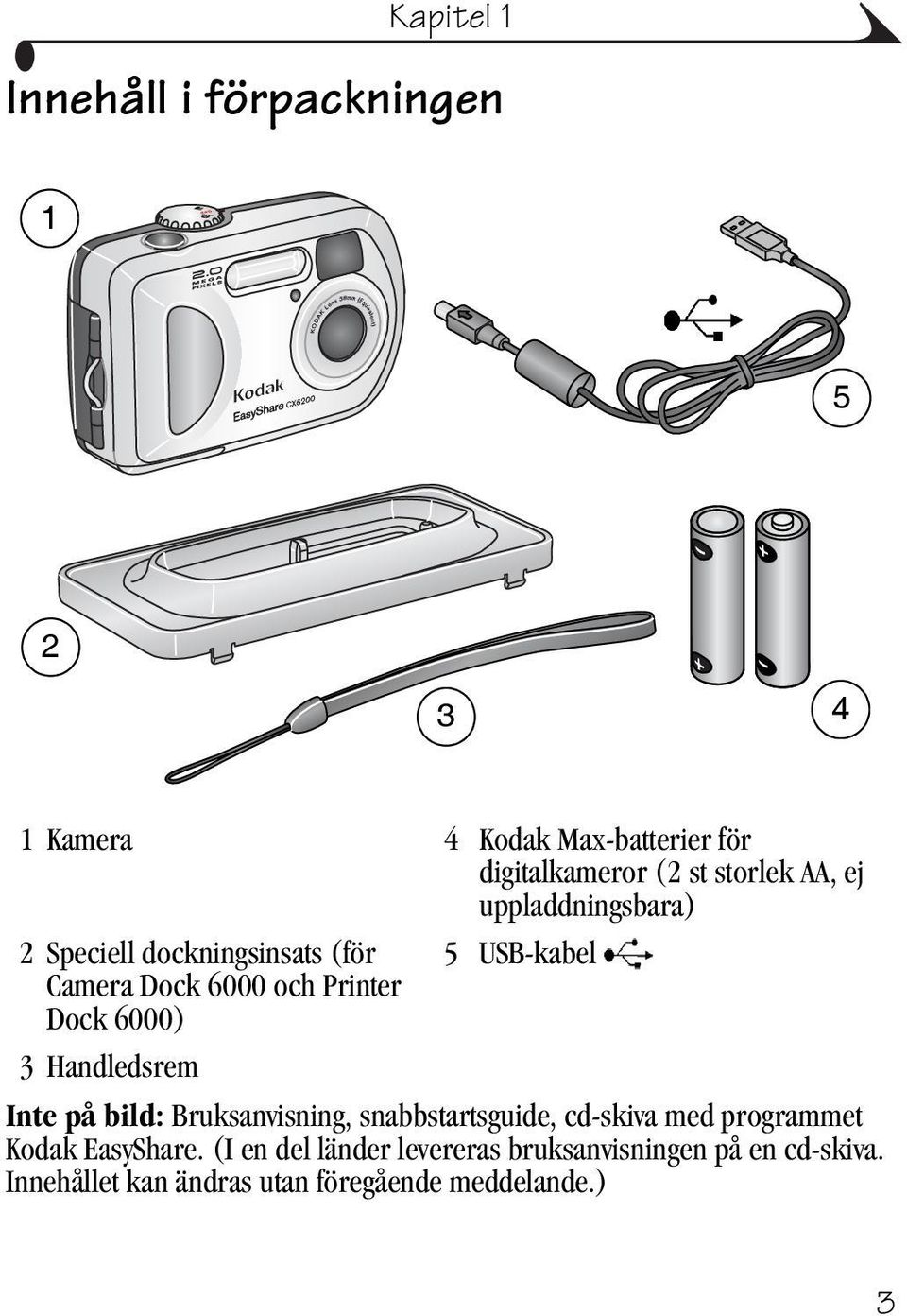 3 Handledsrem Inte på bild: Bruksanvisning, snabbstartsguide, cd-skiva med programmet Kodak EasyShare.