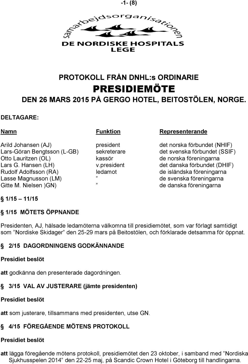 norska föreningarna Lars G. Hansen (LH) v.president det danska förbundet (DHIF) Rudolf Adolfsson (RA) ledamot de isländska föreningarna Lasse Magnusson (LM) de svenska föreningarna Gitte M.