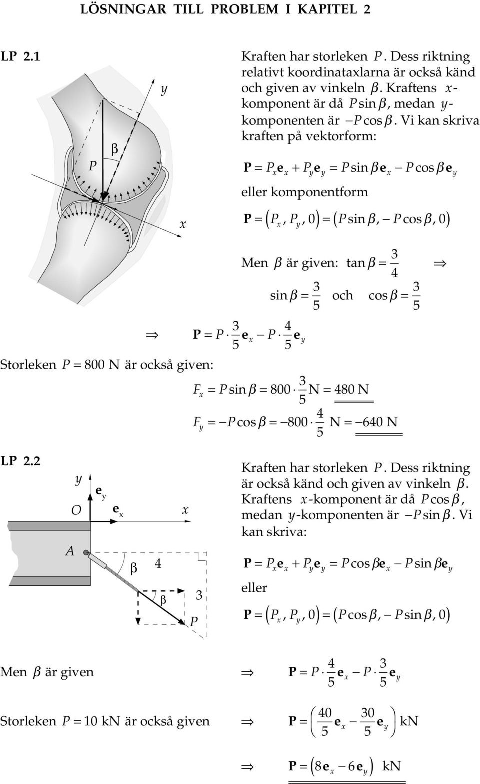 Vi kn skiv kften på vektofom: e + e sin βe cosβe elle komponentfom (,, ) sin β, cos β, Men β ä given: tn β 3 4 3 4 e e 5 5 sin β 3 5 och cosβ 3 5 toleken 8 N ä