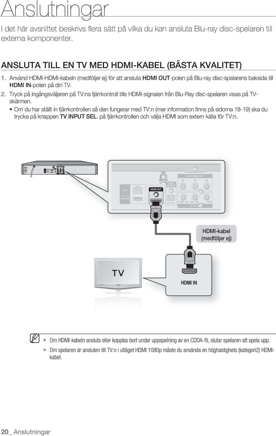 Tryck på ingångsväljaren på TV:ns fjärrkontroll tills HDMI-signalen från Blu-Ray disc-spelaren visas på TVskärmen.