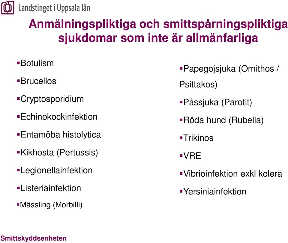 Legionellainfektion Listeriainfektion Mässling (Morbilli) Papegojsjuka (Ornithos /