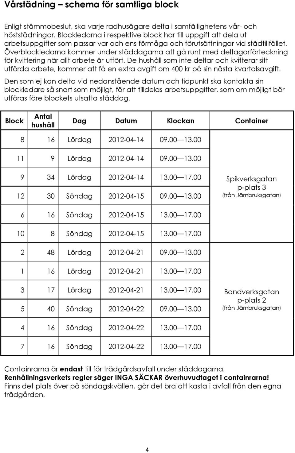 Överblockledarna kommer under städdagarna att gå runt med deltagarförteckning för kvittering när allt arbete är utfört.