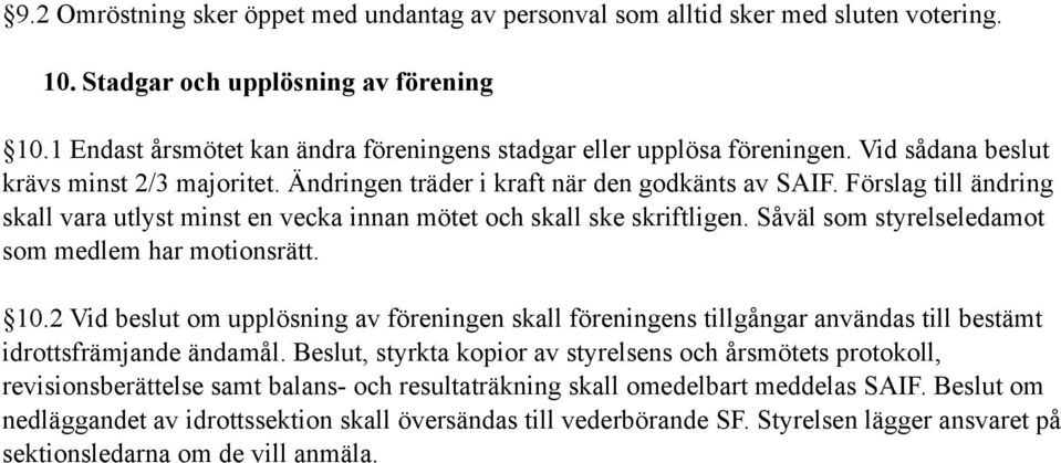 Förslag till ändring skall vara utlyst minst en vecka innan mötet och skall ske skriftligen. Såväl som styrelseledamot som medlem har motionsrätt. 10.