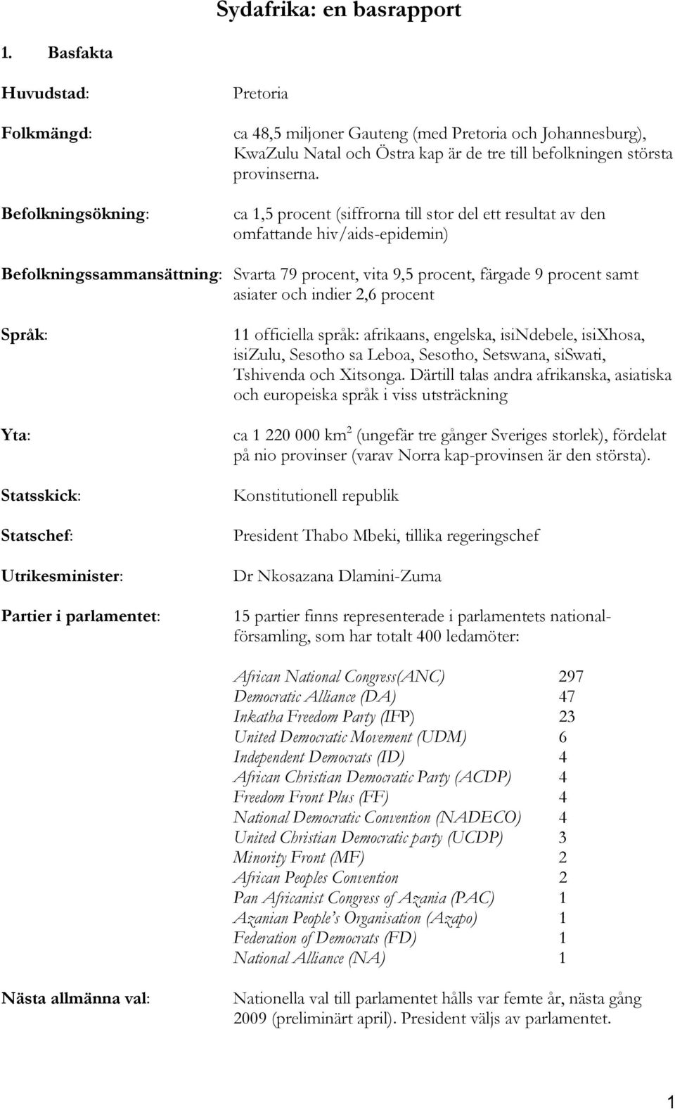 ca 1,5 procent (siffrorna till stor del ett resultat av den omfattande hiv/aids-epidemin) Befolkningssammansättning: Svarta 79 procent, vita 9,5 procent, färgade 9 procent samt asiater och indier 2,6