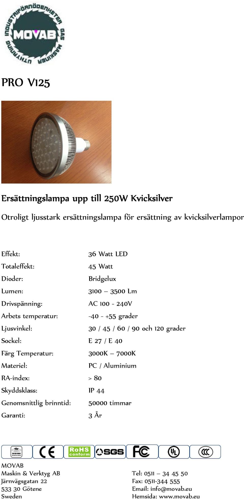 Arbets temperatur: -40 - +55 grader 30 / 45 / 60 / 90 och 120 grader Sockel: E 27 / E 40 Färg Temperatur: