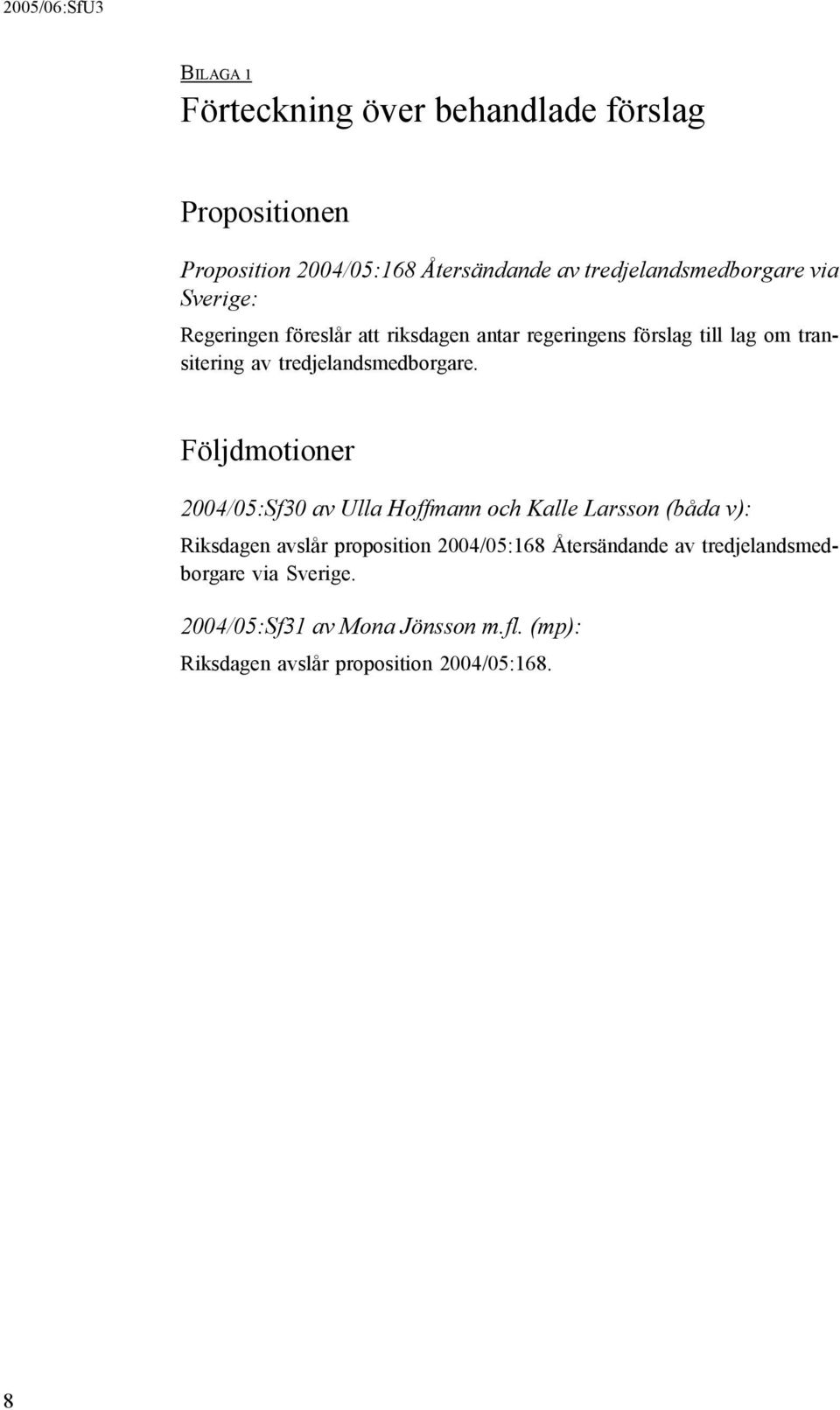 Följdmotioner 2004/05:Sf30 av Ulla Hoffmann och Kalle Larsson (båda v): Riksdagen avslår proposition 2004/05:168