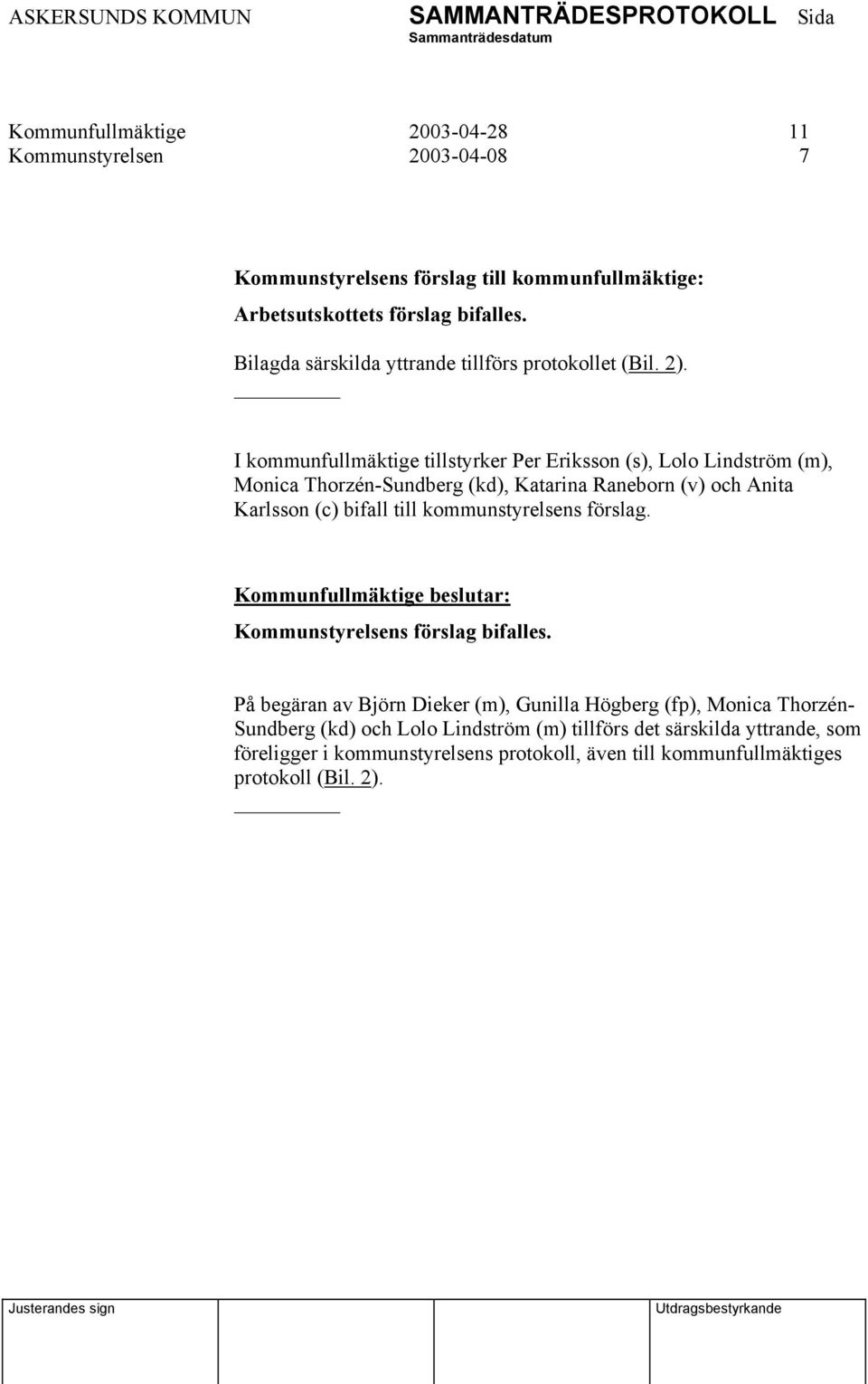 I kommunfullmäktige tillstyrker Per Eriksson (s), Lolo Lindström (m), Monica Thorzén-Sundberg (kd), Katarina Raneborn (v) och Anita Karlsson (c) bifall till