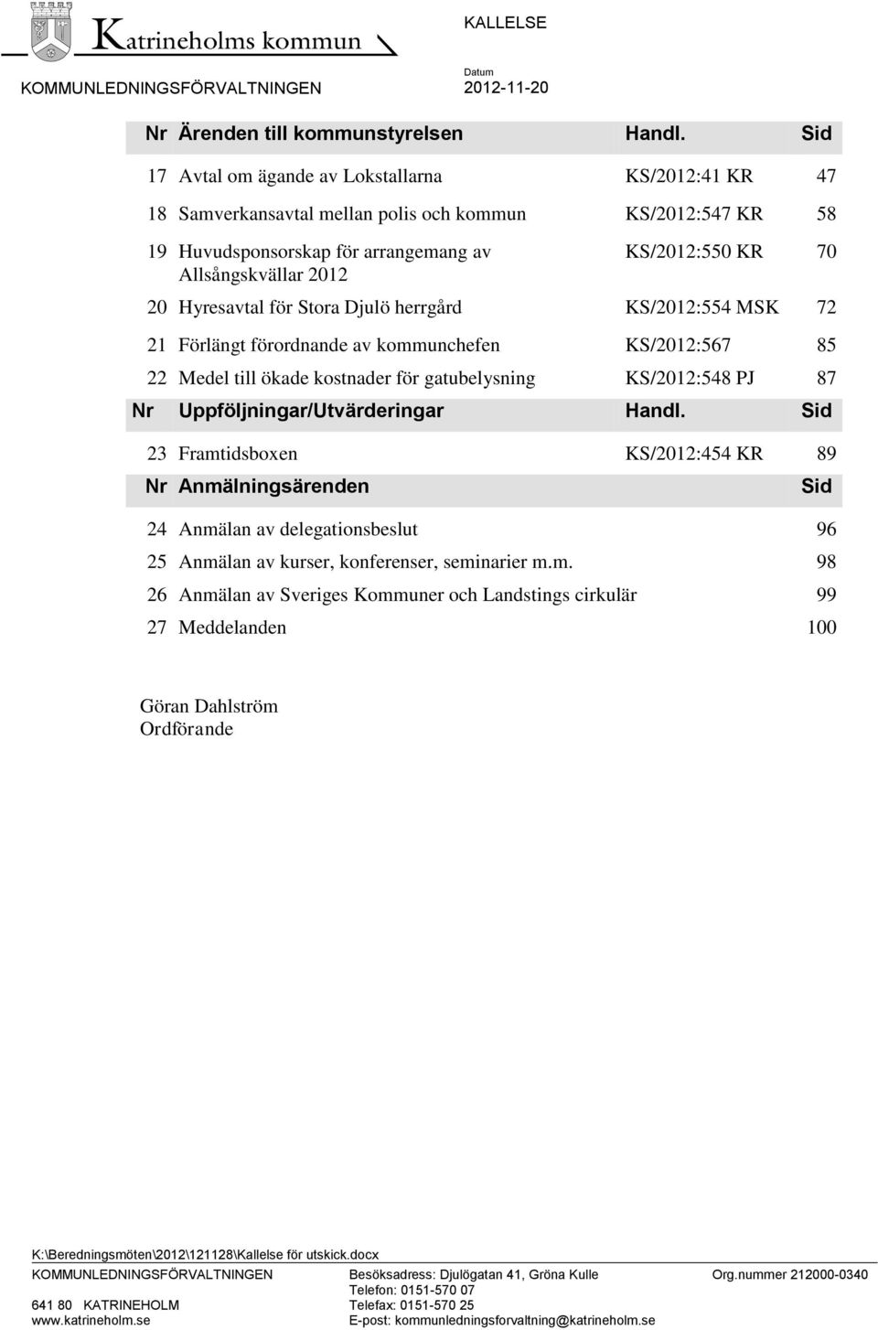 Hyresavtal för Stora Djulö herrgård KS/2012:554 MSK 72 21 Förlängt förordnande av kommunchefen KS/2012:567 85 22 Medel till ökade kostnader för gatubelysning KS/2012:548 PJ 87 Nr