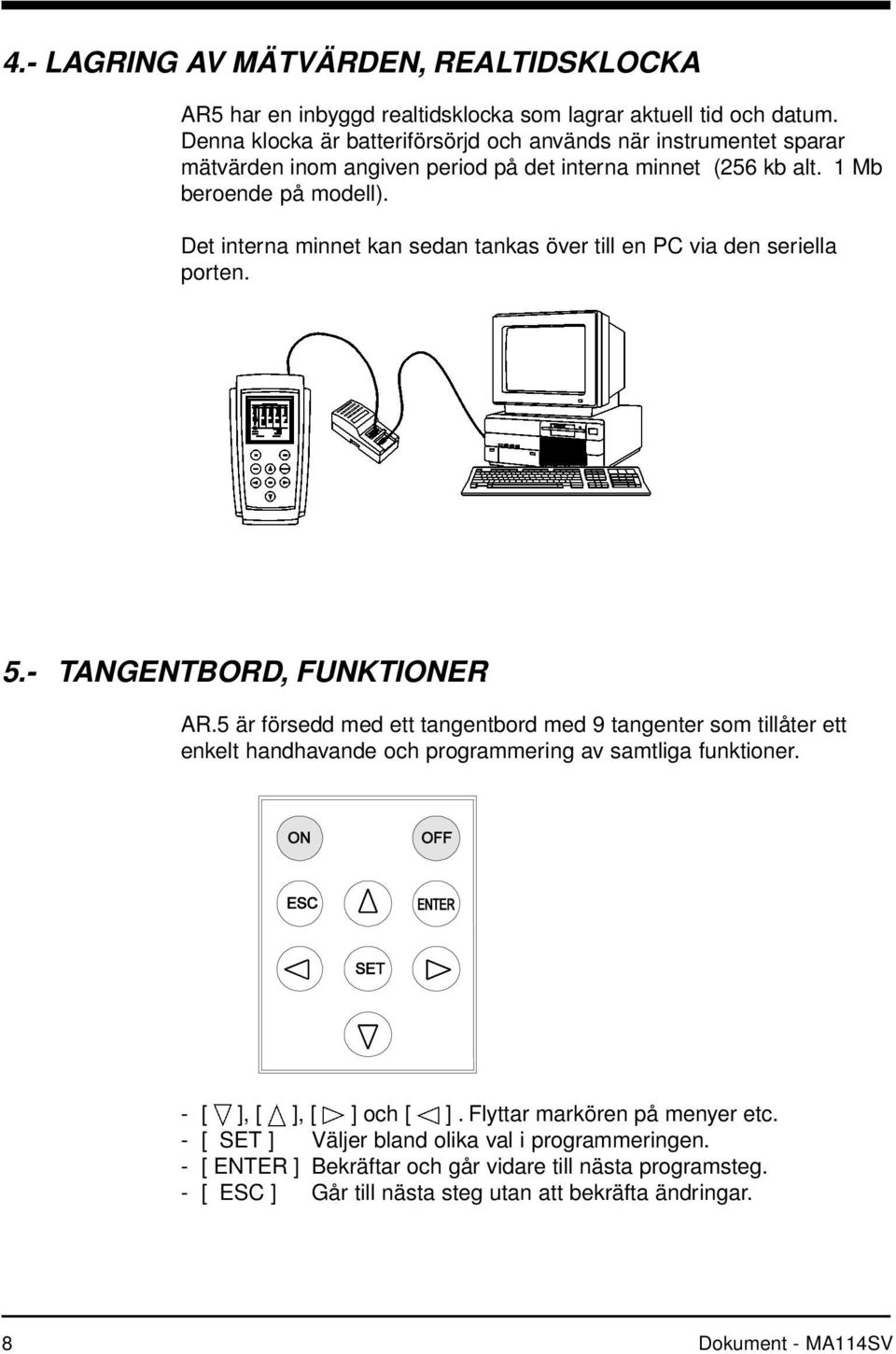 Det interna minnet kan sedan tankas över till en PC via den seriella porten. 5.- TANGENTBORD, FUNKTIONER AR.