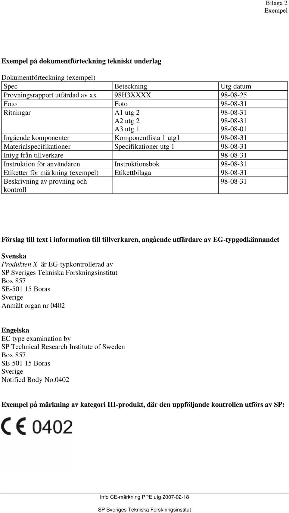 98-08-31 Instruktion för användaren Instruktionsbok 98-08-31 Etiketter för märkning (exempel) Etikettbilaga 98-08-31 Beskrivning av provning och kontroll 98-08-31 Förslag till text i information till