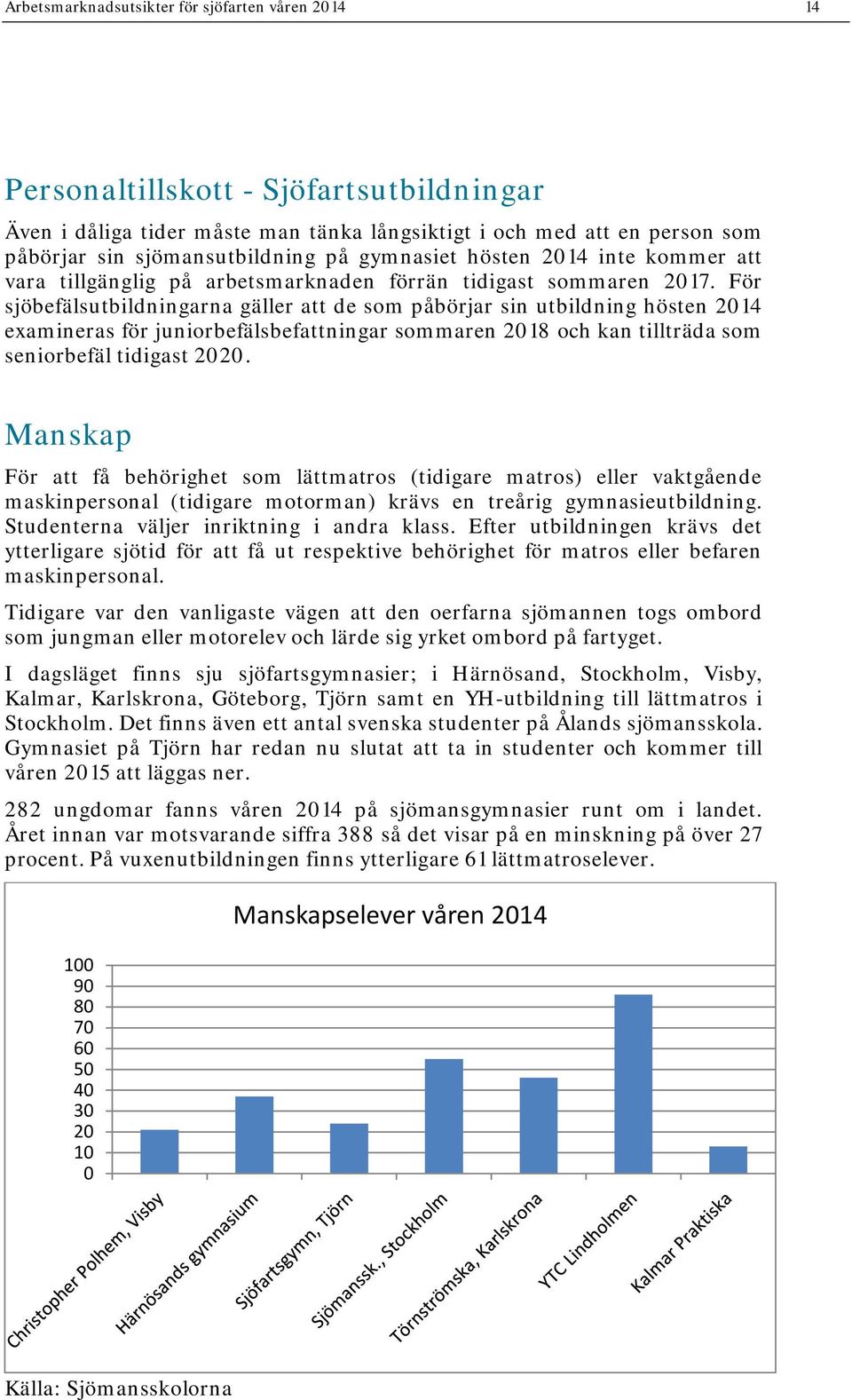 För sjöbefälsutbildningarna gäller att de som påbörjar sin utbildning hösten 214 examineras för juniorbefälsbefattningar sommaren 218 och kan tillträda som seniorbefäl tidigast 22.