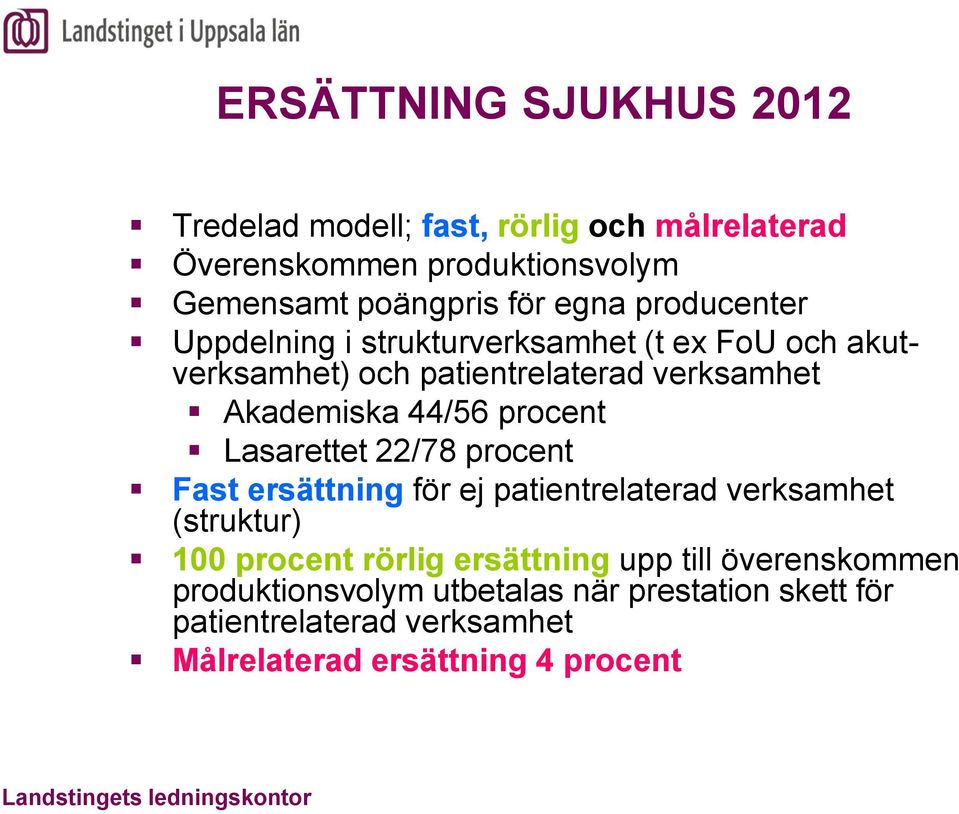 procent Lasarettet 22/78 procent Fast ersättning för ej patientrelaterad verksamhet (struktur) 100 procent rörlig ersättning upp