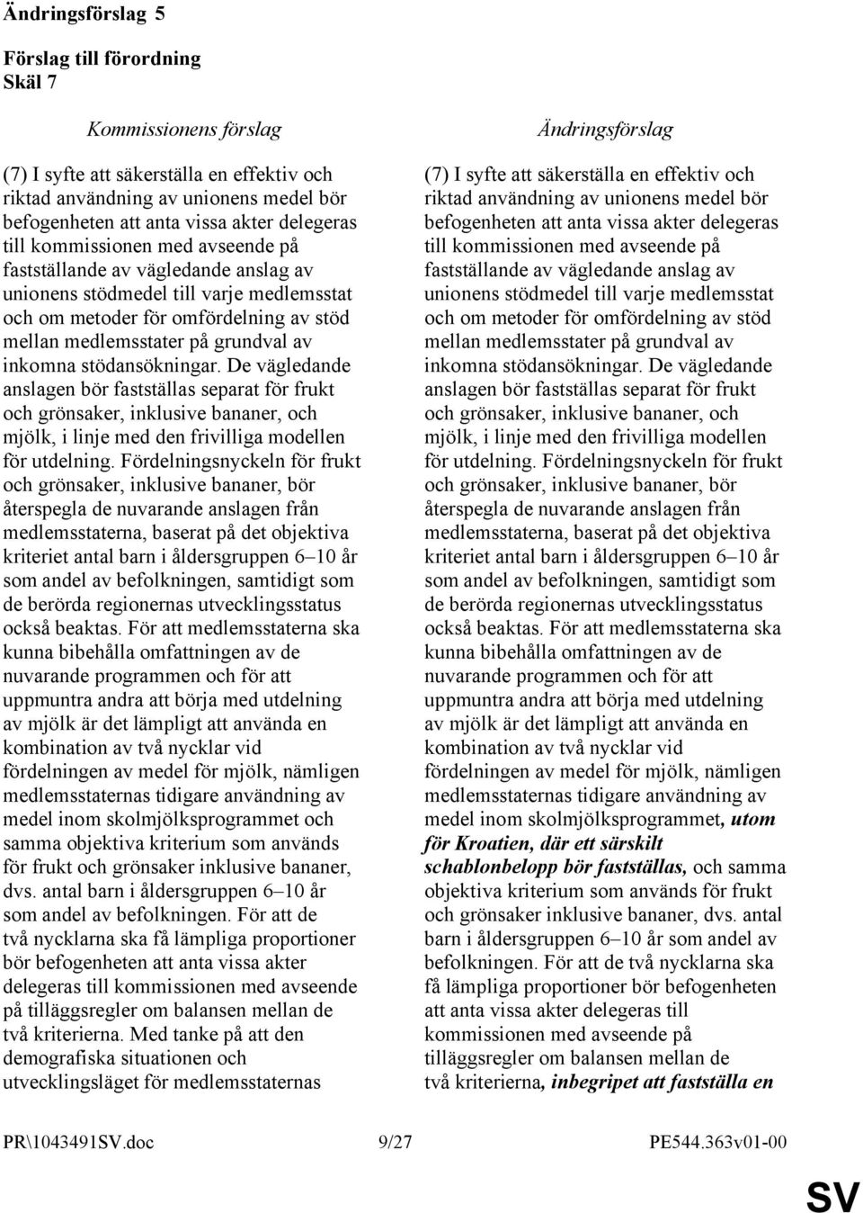De vägledande anslagen bör fastställas separat för frukt och grönsaker, inklusive bananer, och mjölk, i linje med den frivilliga modellen för utdelning.