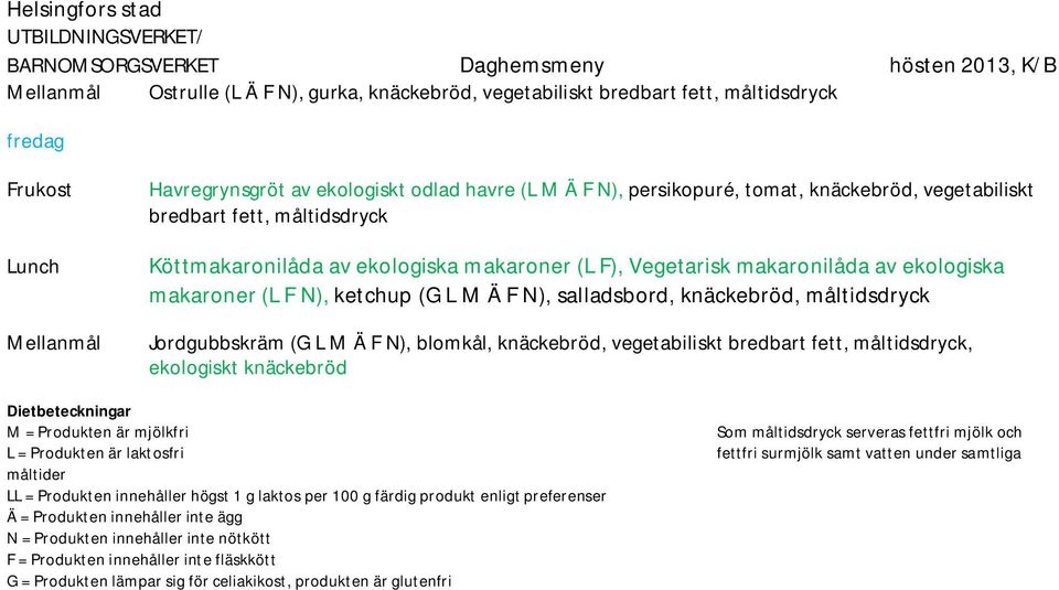 Vegetarisk makaronilåda av ekologiska makaroner (L F N), ketchup (G L M Ä F N), salladsbord, knäckebröd,